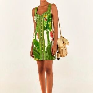 Farm Rio Fresh forest scarf sweetheart-neck mini dress.